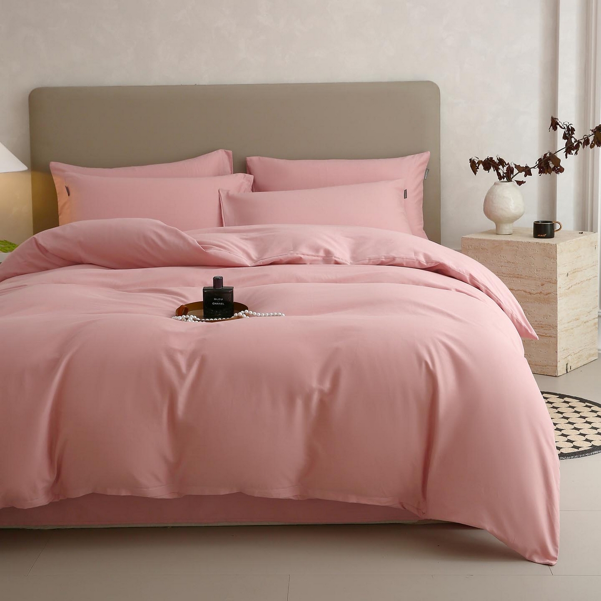 91家纺网 家纺一手货源 找家纺 梧桐树 2025新款纯色双拼100%棉磨毛全棉纯棉四件套 暮砂粉