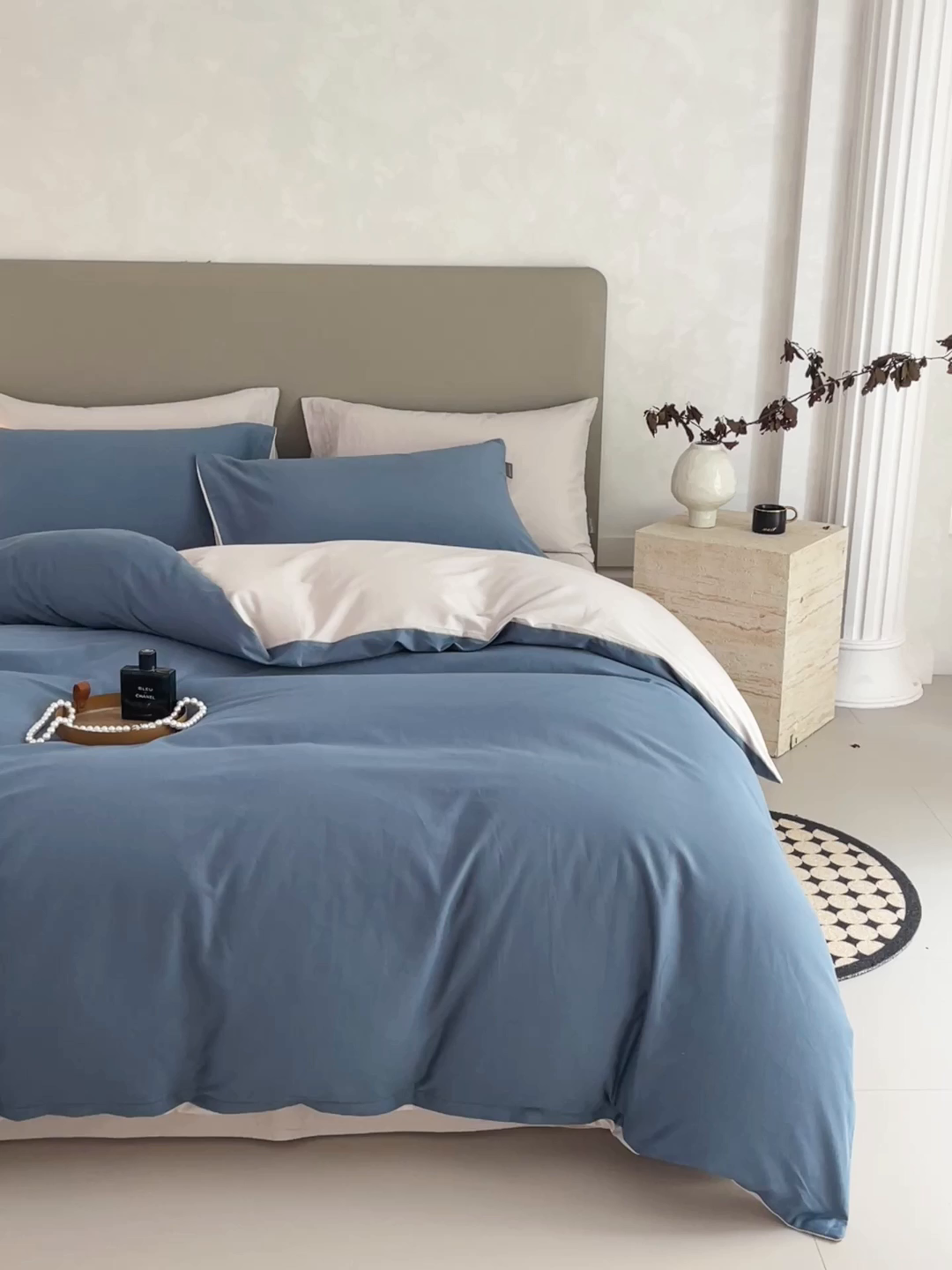 91家纺网 家纺一手货源 找家纺 梧桐树 2025新款纯色双拼100%棉磨毛全棉纯棉四件套 蓝韵雾纱