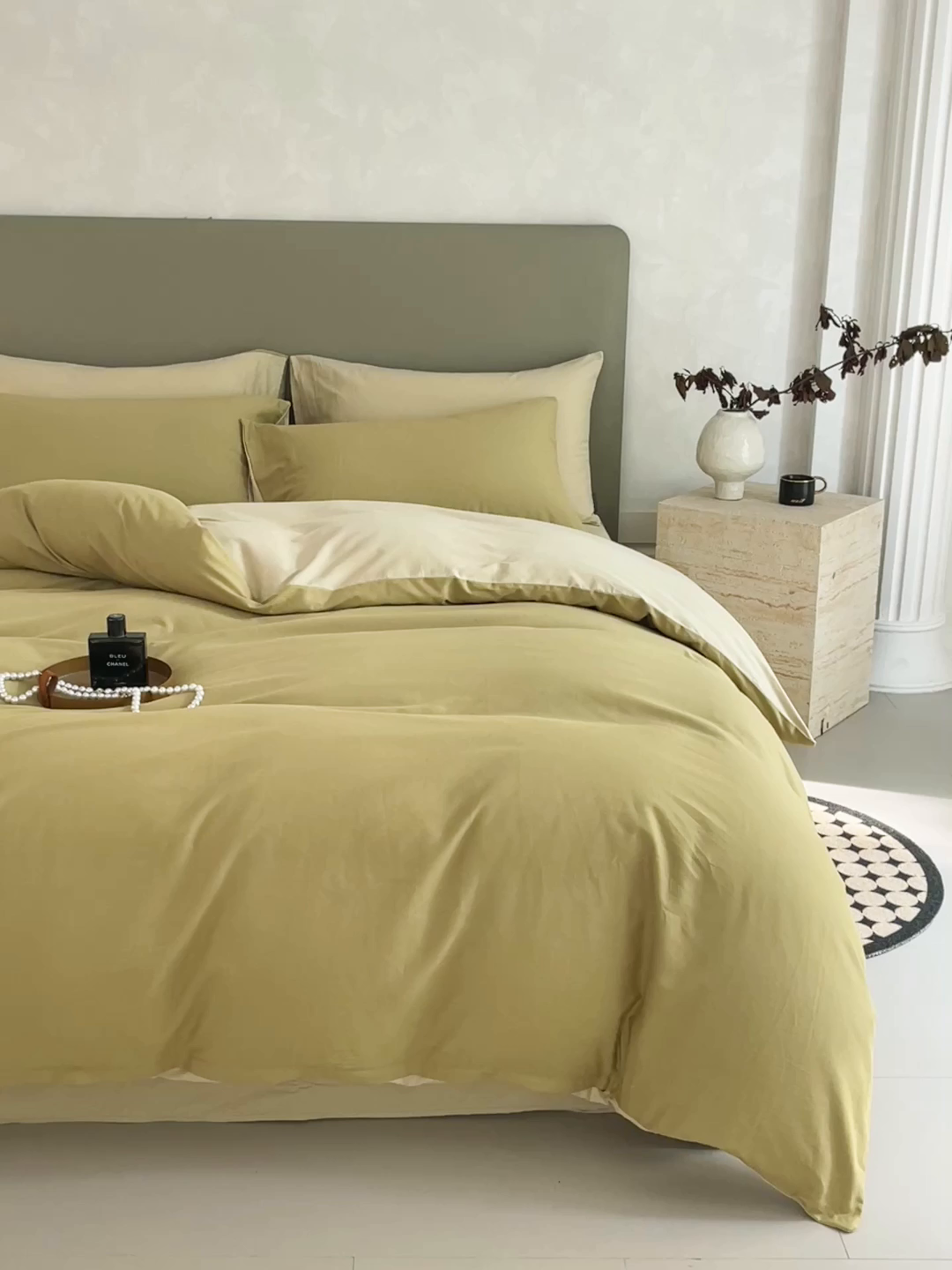 91家纺网 家纺一手货源 找家纺 梧桐树 2025新款纯色双拼100%棉磨毛全棉纯棉四件套 抹茶海盐