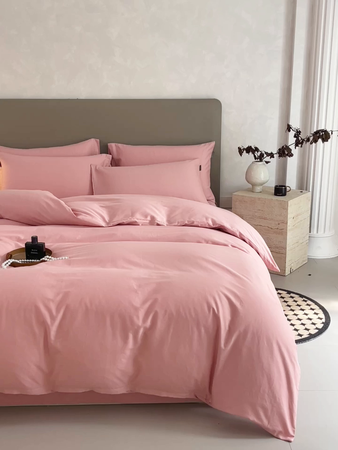 91家纺网 家纺一手货源 找家纺 梧桐树 2025新款纯色双拼100%棉磨毛全棉纯棉四件套 暮砂粉