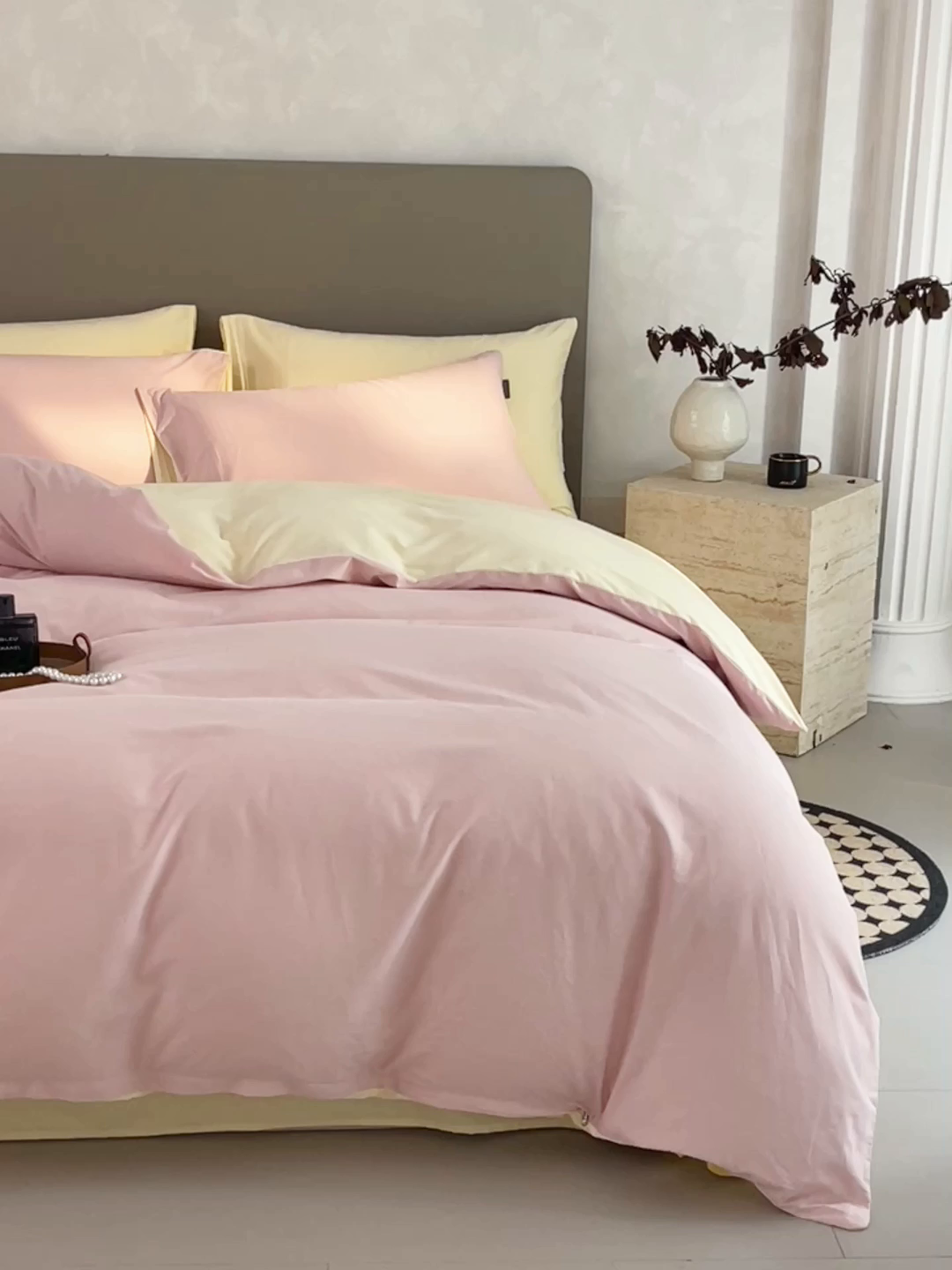 91家纺网 家纺一手货源 找家纺 梧桐树 2025新款纯色双拼100%棉磨毛全棉纯棉四件套 樱雪黄