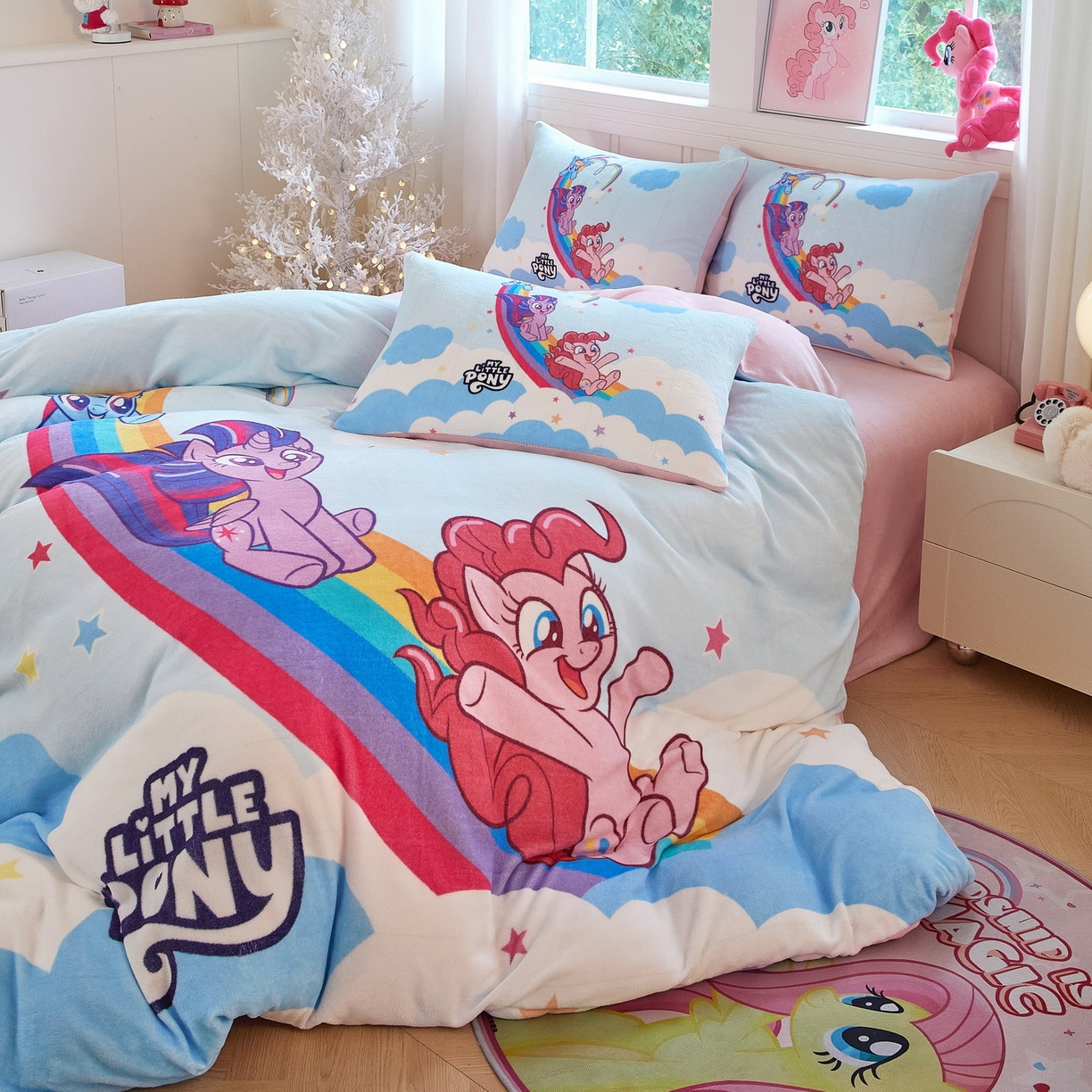 91家纺网 家纺一手货源 找家纺 蘭菲家纺 2025新款小马宝莉牛奶绒四件套 嗨皮-宝莉