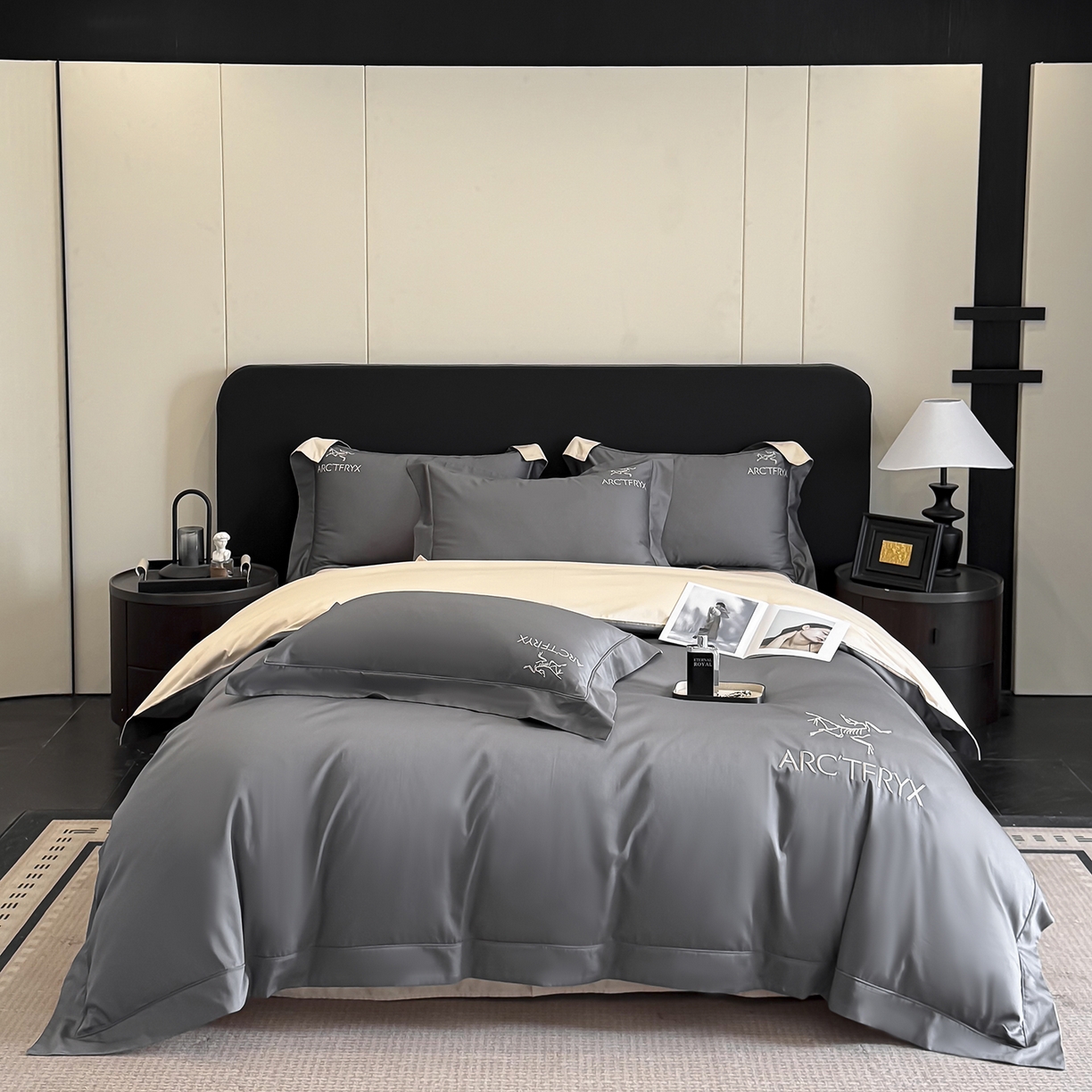 91家纺网 家纺一手货源 找家纺 置顶家纺 2025新款轻奢50双股长绒棉全棉刺绣骨头鸟四件套 轻奢-高级灰+奶咖