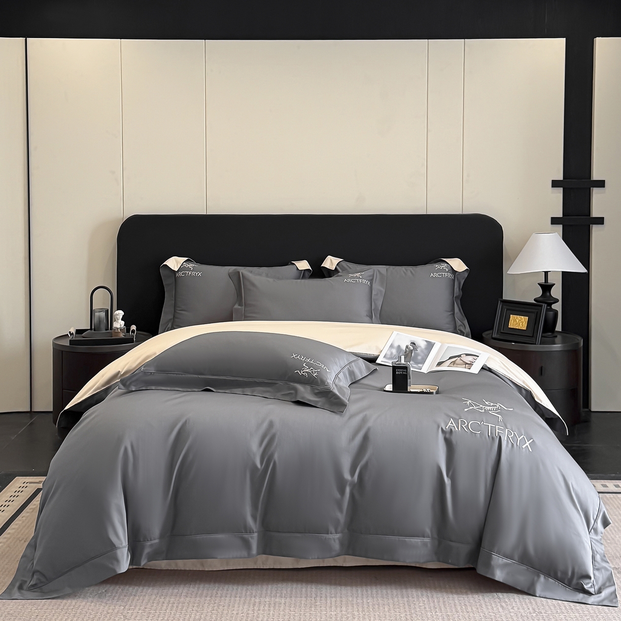 91家纺网 家纺一手货源 找家纺 置顶家纺 2025新款轻奢50双股长绒棉全棉刺绣骨头鸟四件套 轻奢-高级灰+奶咖