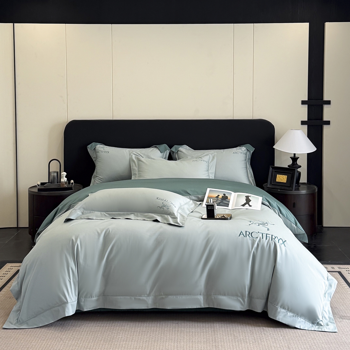 91家纺网 家纺一手货源 找家纺 置顶家纺 2025新款轻奢50双股长绒棉全棉刺绣骨头鸟四件套 轻奢-繁星蓝+浅石兰