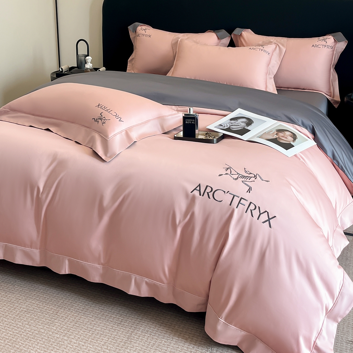 置顶家纺 2025新款轻奢50双股长绒棉全棉刺绣骨头鸟四件套 轻奢-豆沙+高级灰