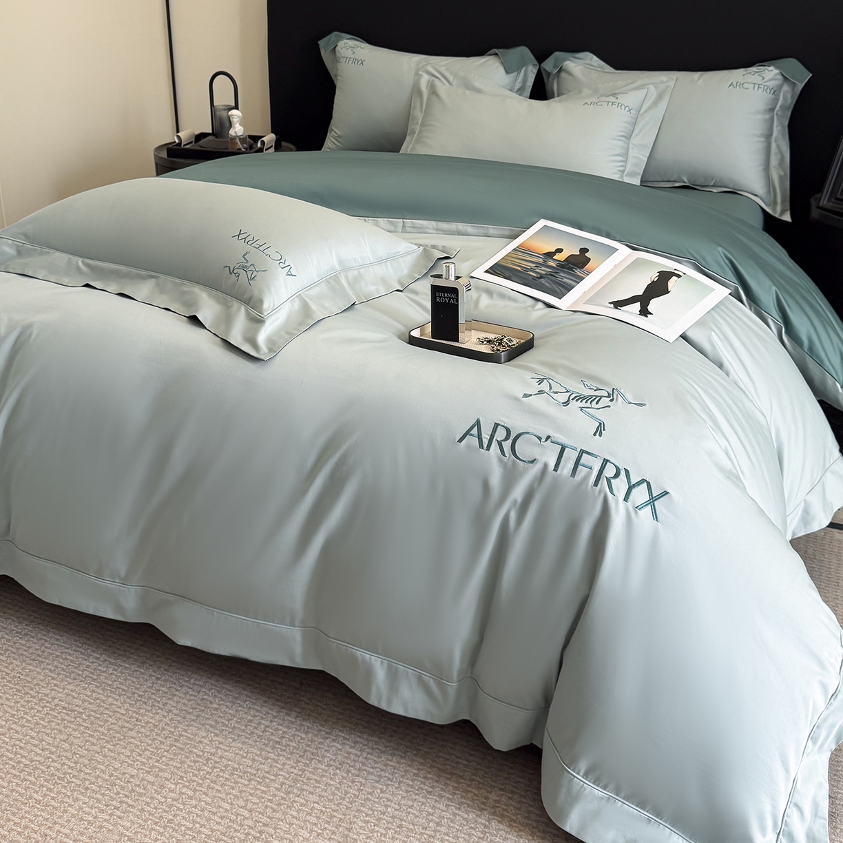 置顶家纺 2025新款轻奢50双股长绒棉全棉刺绣骨头鸟四件套 轻奢-繁星蓝+浅石兰