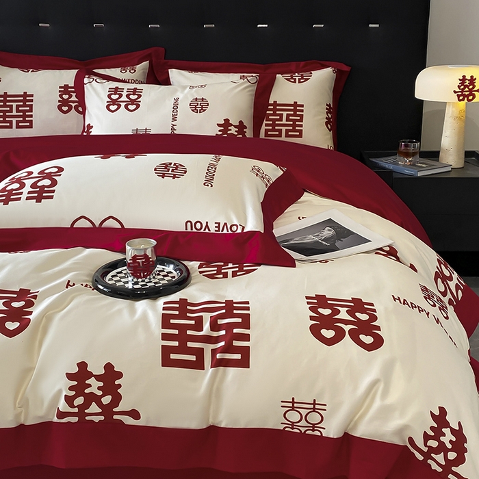 91家纺网 家纺一手货源 找家纺 置顶家纺 2025新款百福图亲肤婚庆四件套 千囍图