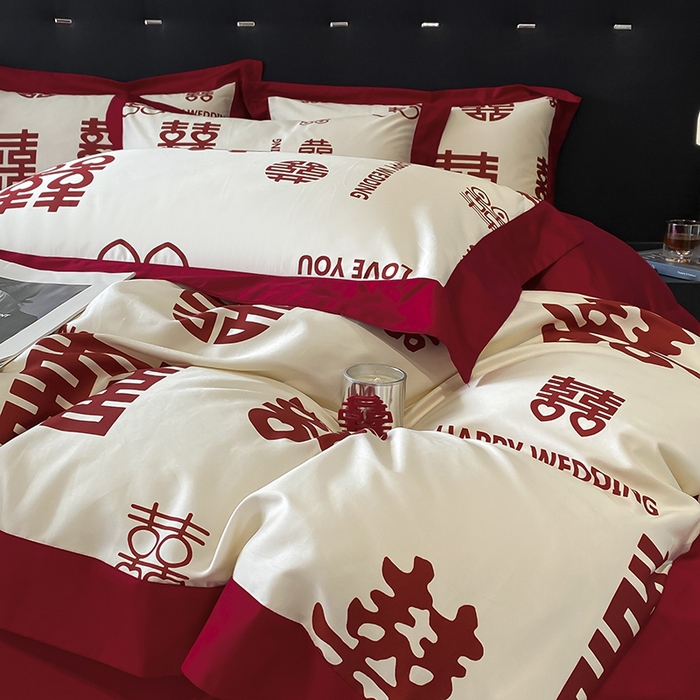 91家纺网 家纺一手货源 找家纺 置顶家纺 2025新款百福图亲肤婚庆四件套 千囍图