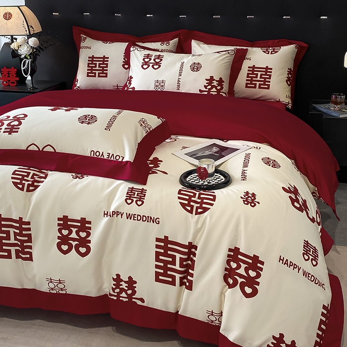 91家纺网 家纺一手货源 找家纺 置顶家纺 2025新款百福图亲肤婚庆四件套 千囍图