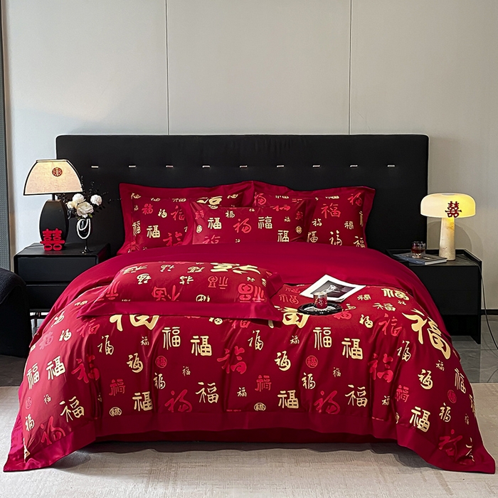 91家纺网 家纺一手货源 找家纺 置顶家纺 2025新款百福图亲肤婚庆四件套 百福图-大红