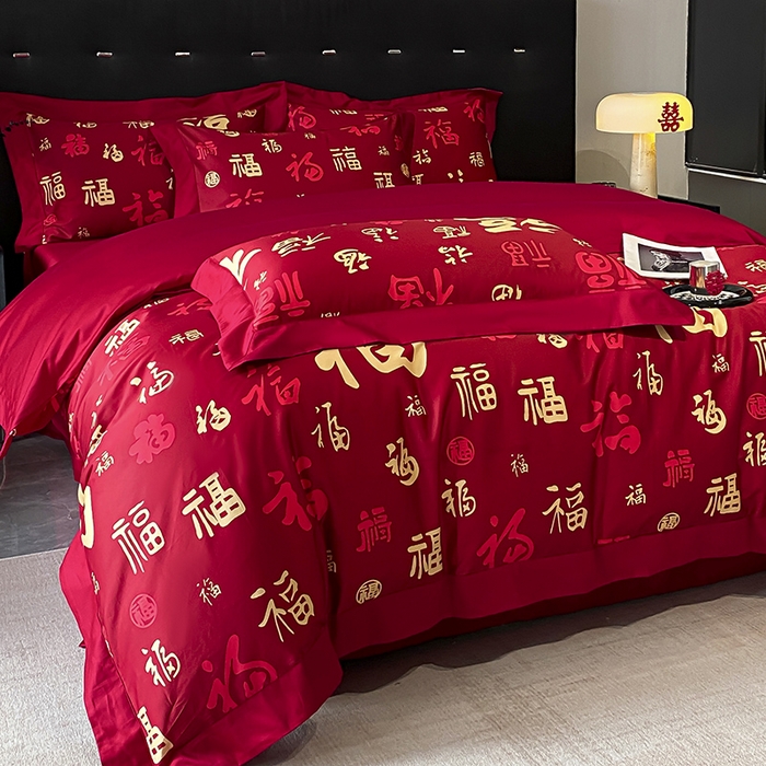 91家纺网 家纺一手货源 找家纺 置顶家纺 2025新款百福图亲肤婚庆四件套 百福图-大红