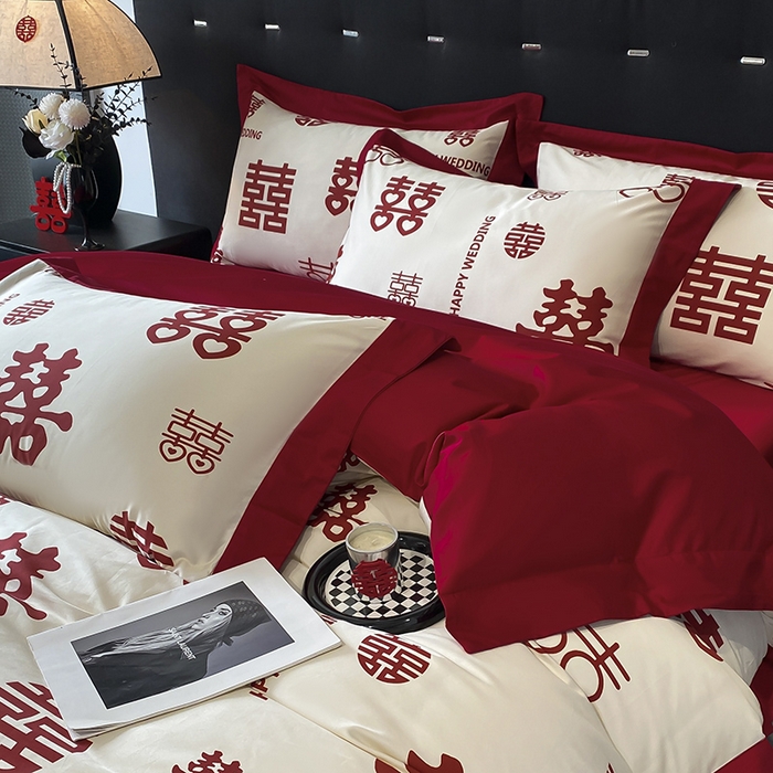 91家纺网 家纺一手货源 找家纺 置顶家纺 2025新款百福图亲肤婚庆四件套 千囍图