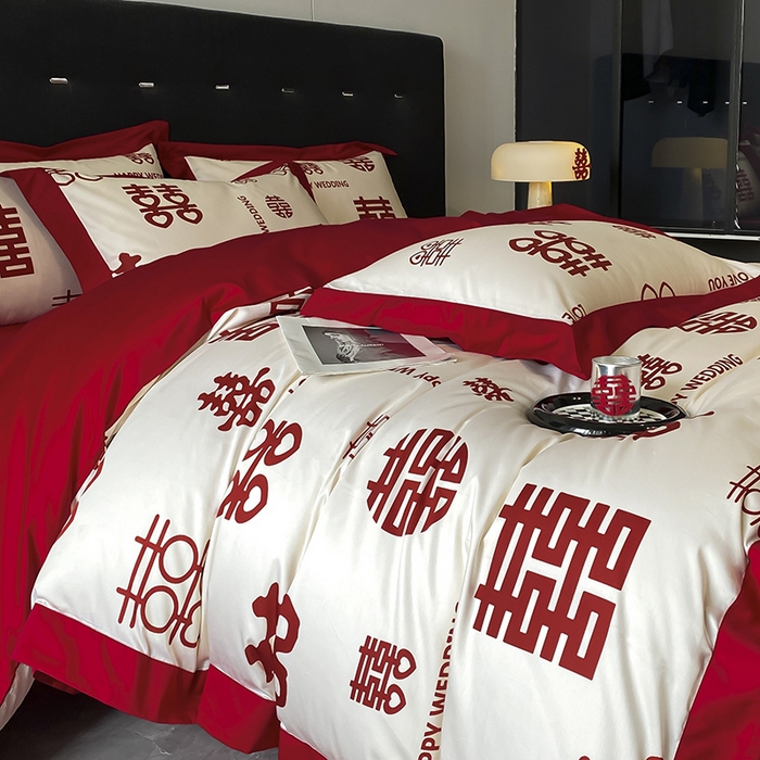 91家纺网 家纺一手货源 找家纺 置顶家纺 2025新款百福图亲肤婚庆四件套 千囍图