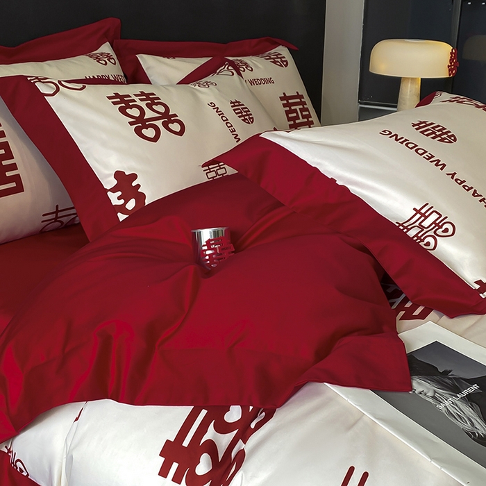 91家纺网 家纺一手货源 找家纺 置顶家纺 2025新款百福图亲肤婚庆四件套 千囍图