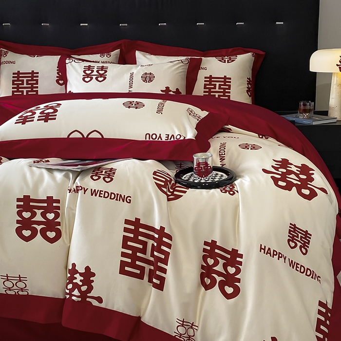 91家纺网 家纺一手货源 找家纺 置顶家纺 2025新款百福图亲肤婚庆四件套 千囍图