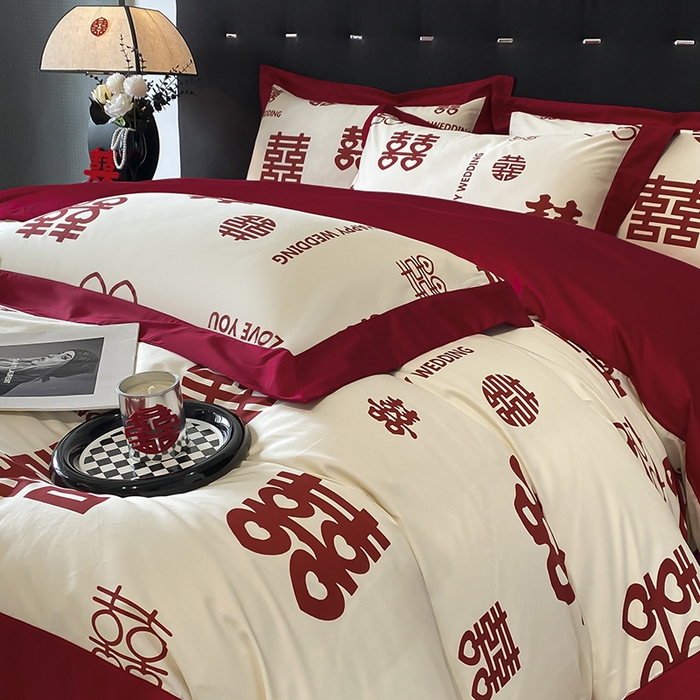 91家纺网 家纺一手货源 找家纺 置顶家纺 2025新款百福图亲肤婚庆四件套 千囍图