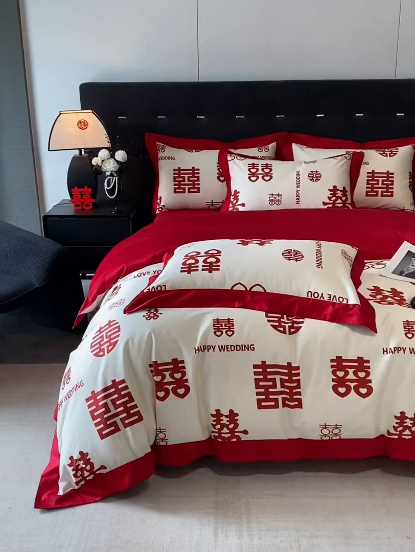 91家纺网 家纺一手货源 找家纺 置顶家纺 2025新款百福图亲肤婚庆四件套 千囍图