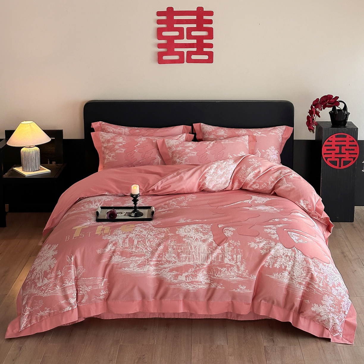 置顶家纺 2025新款时禧婚庆亲肤数码印花四件套 禧时-粉