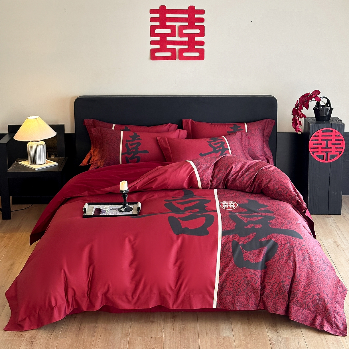 置顶家纺 2025新款时禧婚庆亲肤数码印花四件套 悦禧-酒红