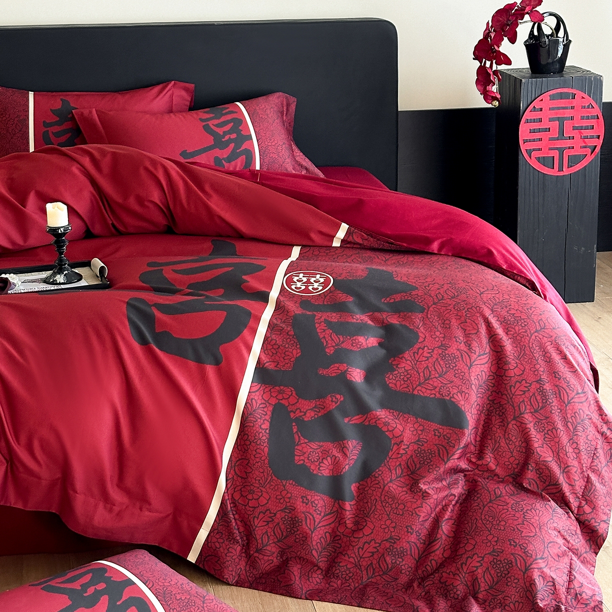 91家纺网 家纺一手货源 找家纺 置顶家纺 2025新款时禧婚庆亲肤数码印花四件套 悦禧-酒红