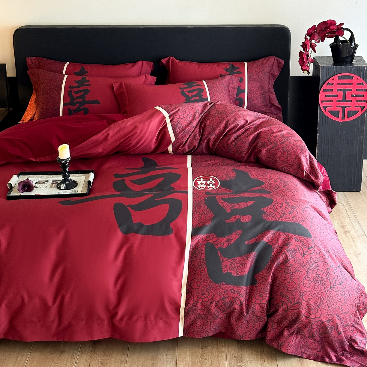 91家纺网 家纺一手货源 找家纺 置顶家纺 2025新款时禧婚庆亲肤数码印花四件套 悦禧-酒红