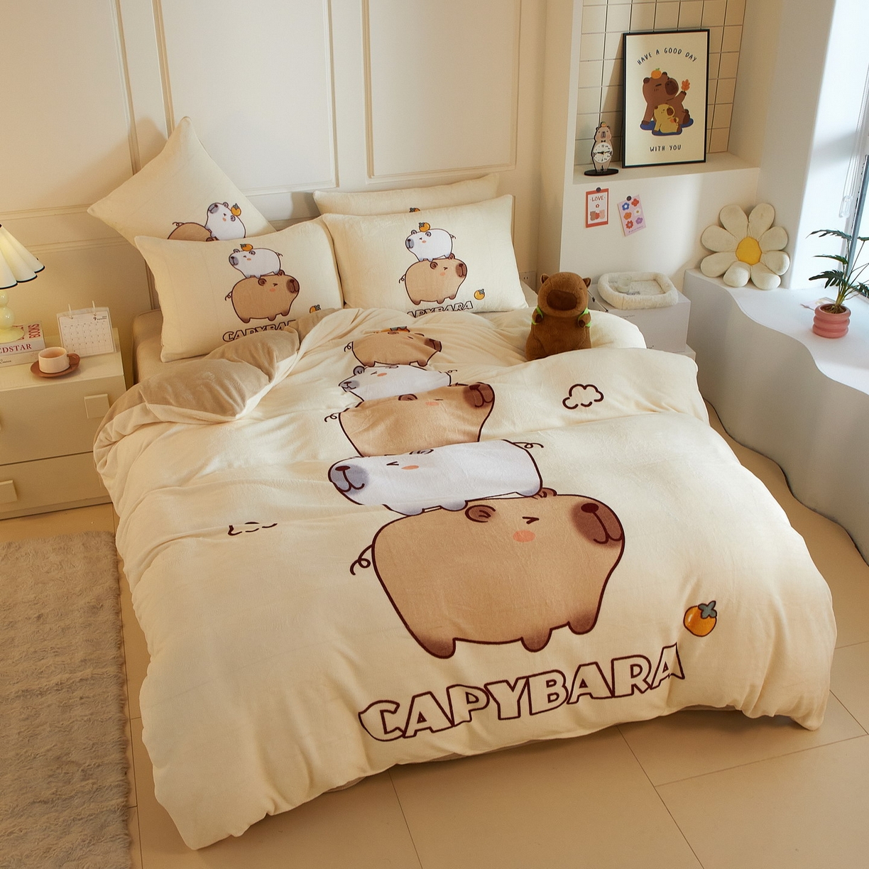 91家纺网 家纺一手货源 找家纺 蘭菲家纺 2025新款卡皮巴拉牛奶绒四件套 沉浸式