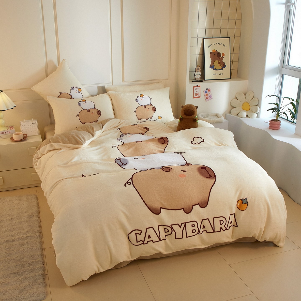 91家纺网 家纺一手货源 找家纺 蘭菲家纺 2025新款卡皮巴拉牛奶绒四件套 沉浸式