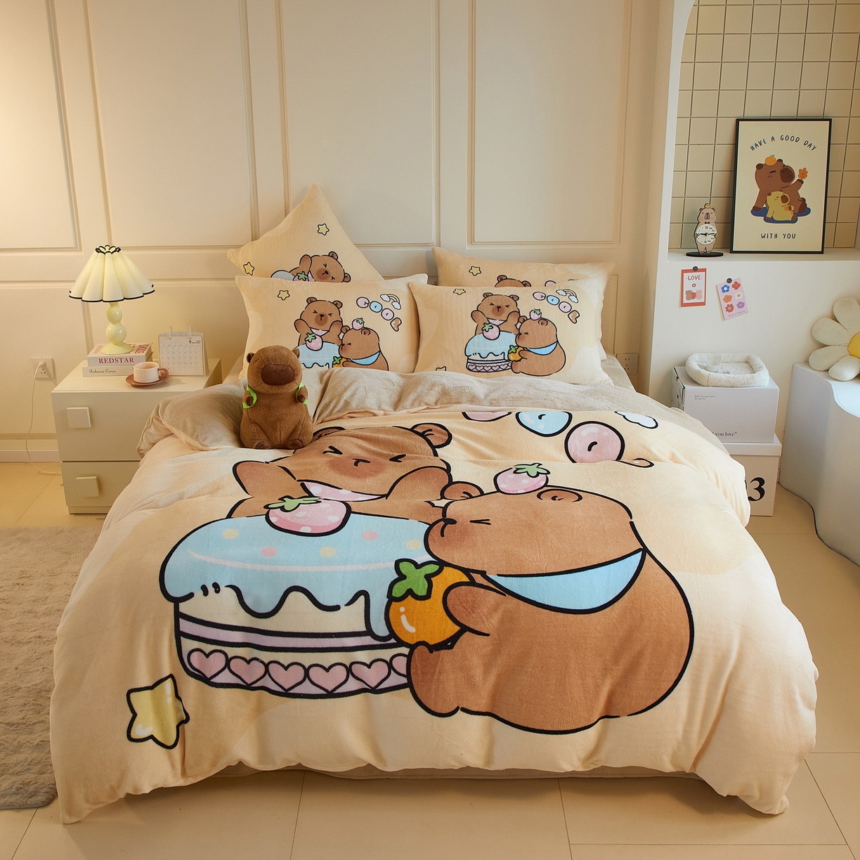 91家纺网 家纺一手货源 找家纺 蘭菲家纺 2025新款卡皮巴拉牛奶绒四件套 爱卡皮