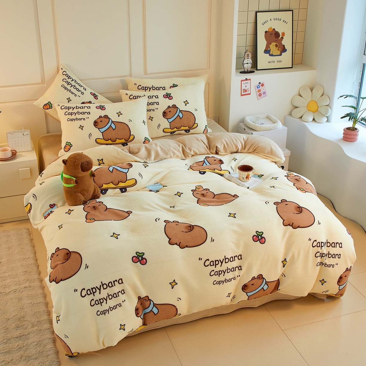 91家纺网 家纺一手货源 找家纺 蘭菲家纺 2025新款卡皮巴拉牛奶绒四件套 爱滑板