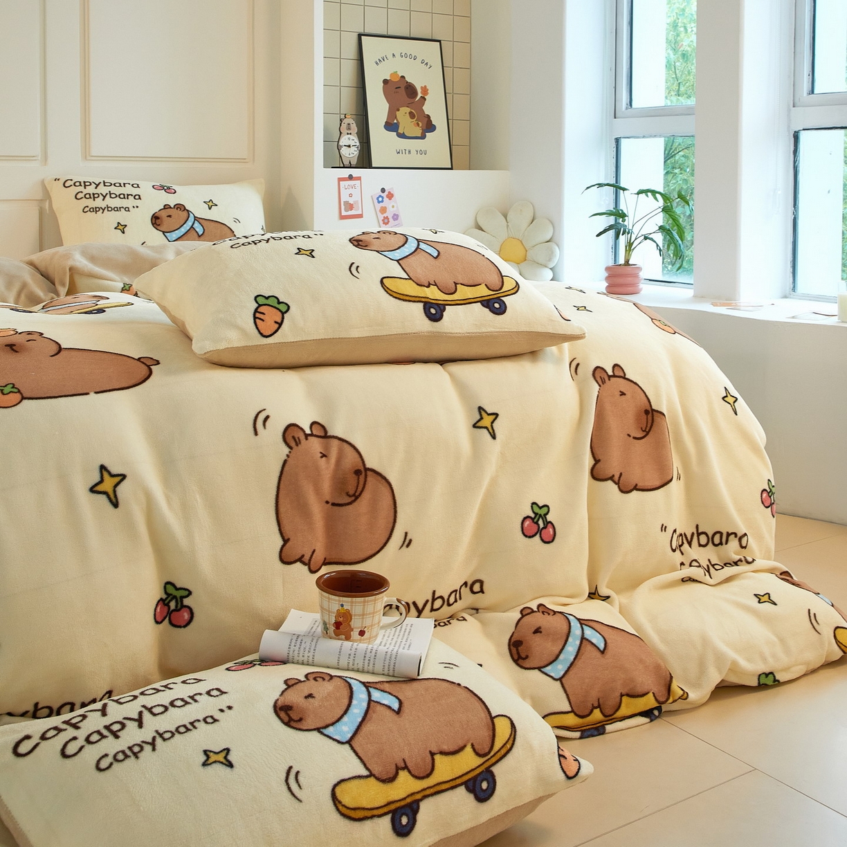 91家纺网 家纺一手货源 找家纺 蘭菲家纺 2025新款卡皮巴拉牛奶绒四件套 爱滑板