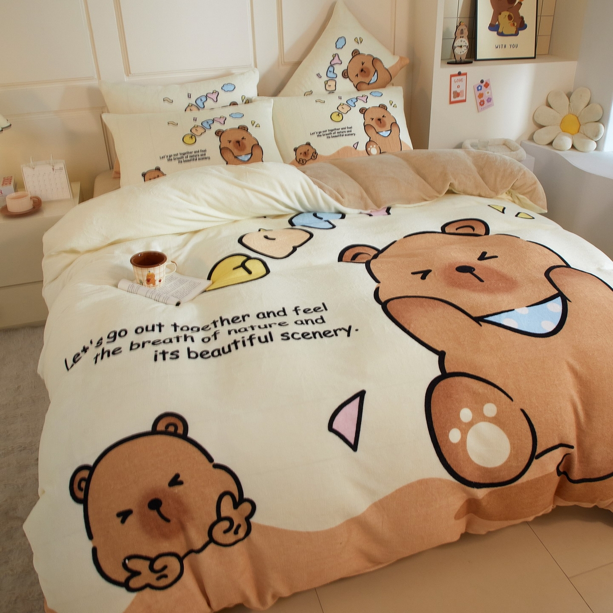 91家纺网 家纺一手货源 找家纺 蘭菲家纺 2025新款卡皮巴拉牛奶绒四件套 熊巴拉