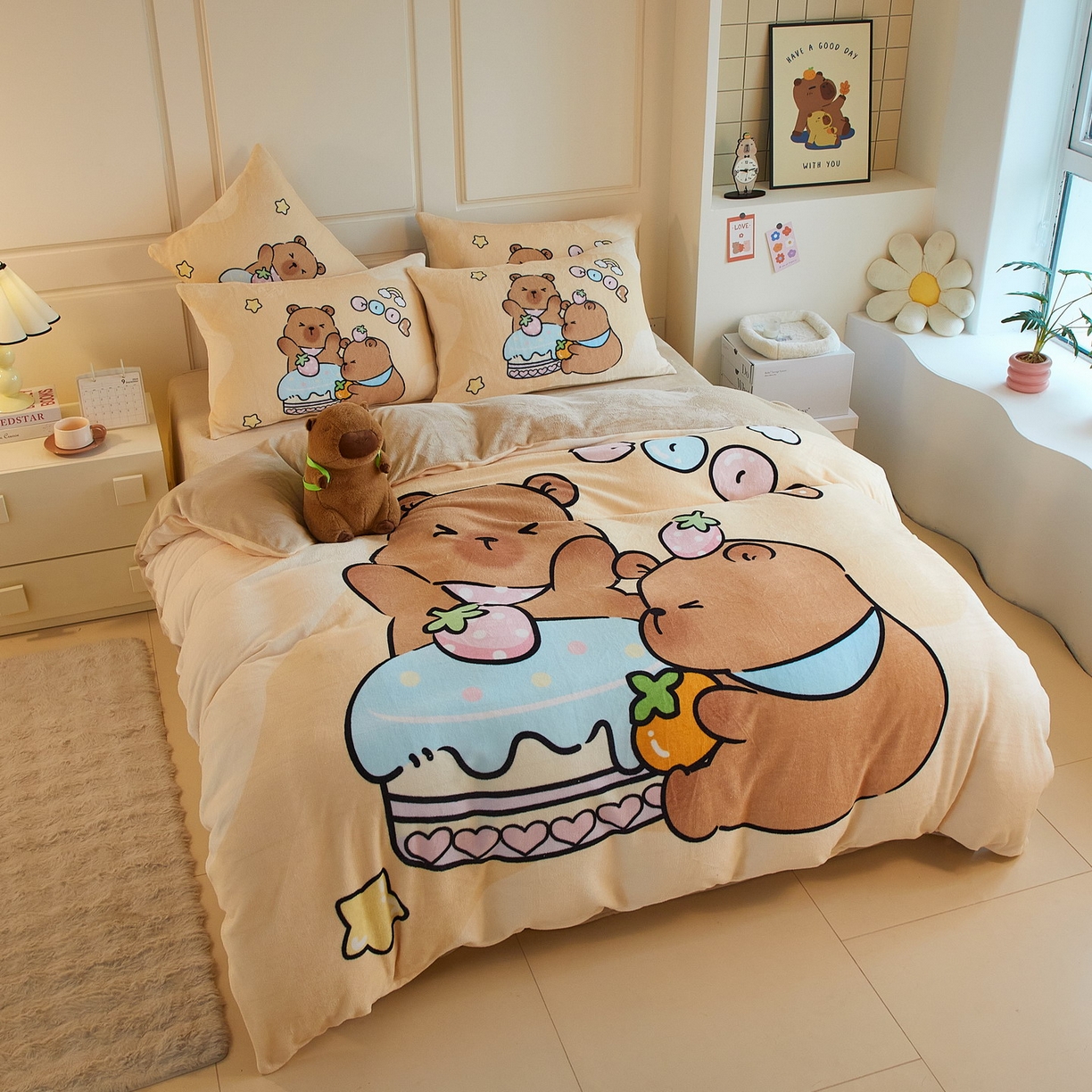 91家纺网 家纺一手货源 找家纺 蘭菲家纺 2025新款卡皮巴拉牛奶绒四件套 爱卡皮