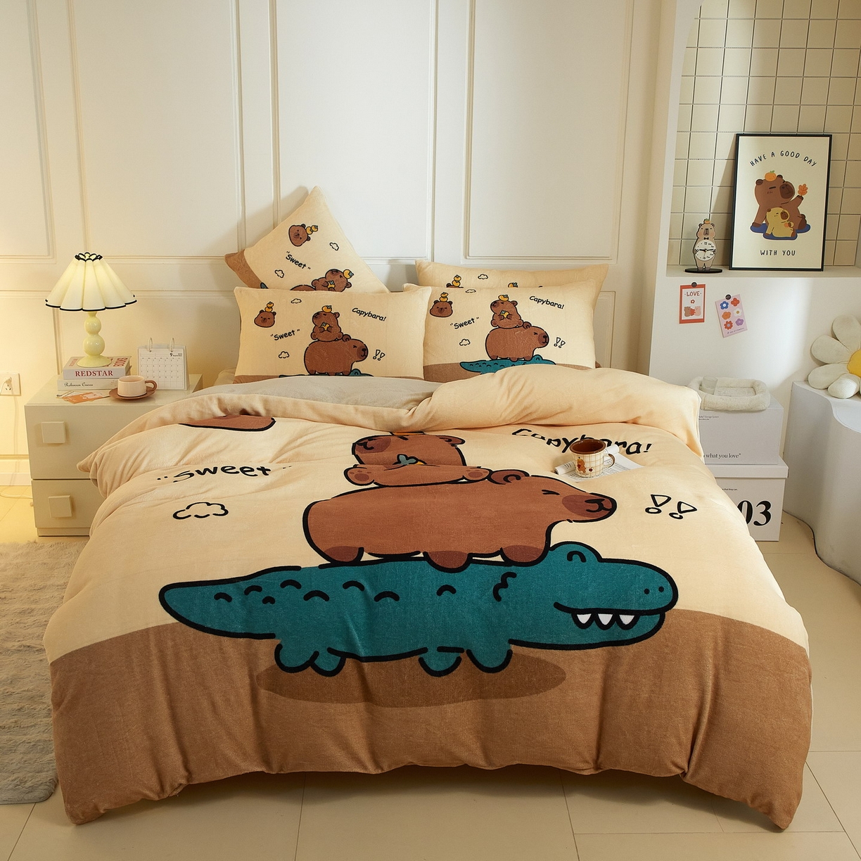 91家纺网 家纺一手货源 找家纺 蘭菲家纺 2025新款卡皮巴拉牛奶绒四件套 征服拉