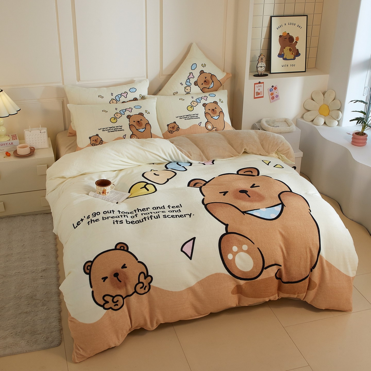 91家纺网 家纺一手货源 找家纺 蘭菲家纺 2025新款卡皮巴拉牛奶绒四件套 熊巴拉