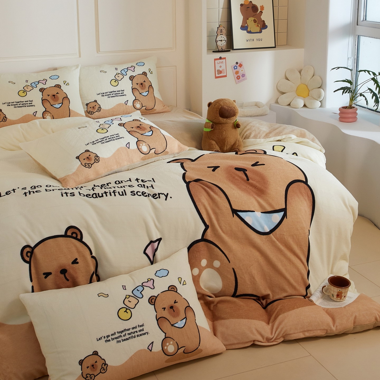 91家纺网 家纺一手货源 找家纺 蘭菲家纺 2025新款卡皮巴拉牛奶绒四件套 熊巴拉