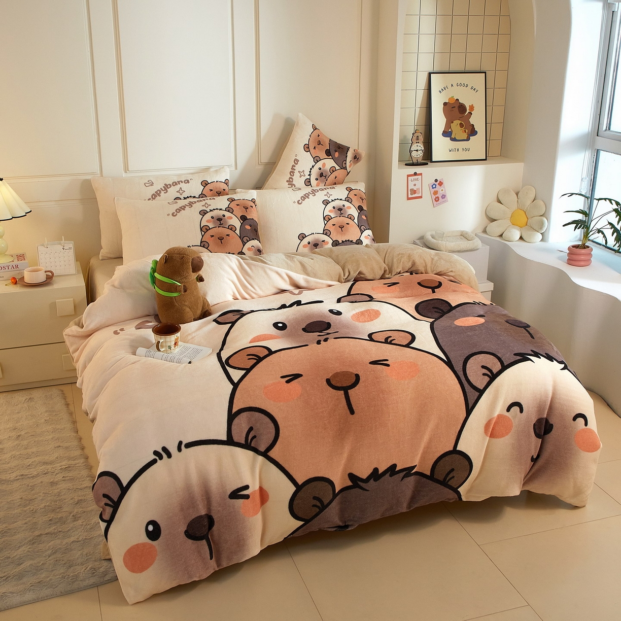 91家纺网 家纺一手货源 找家纺 蘭菲家纺 2025新款卡皮巴拉牛奶绒四件套 豚一家