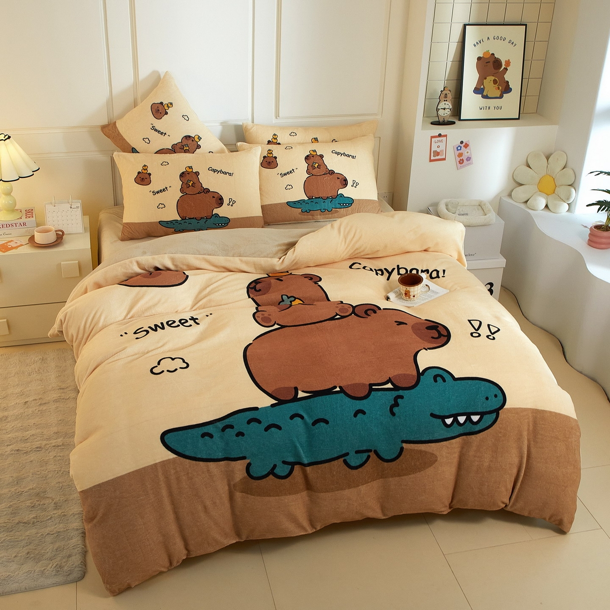 91家纺网 家纺一手货源 找家纺 蘭菲家纺 2025新款卡皮巴拉牛奶绒四件套 征服拉