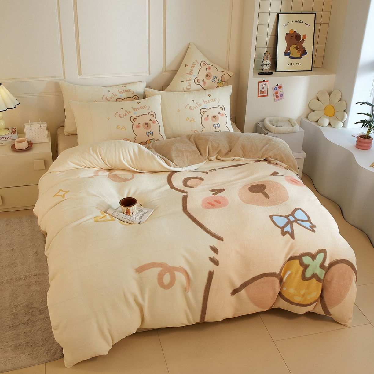 91家纺网 家纺一手货源 找家纺 蘭菲家纺 2025新款卡皮巴拉牛奶绒四件套 大美豚