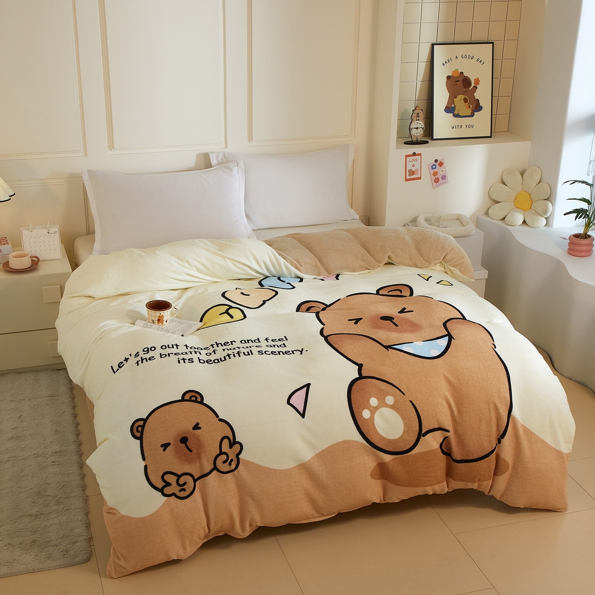 91家纺网 家纺一手货源 找家纺 蘭菲家纺 2025新款卡皮巴拉牛奶绒单被套 被套单件 熊巴拉