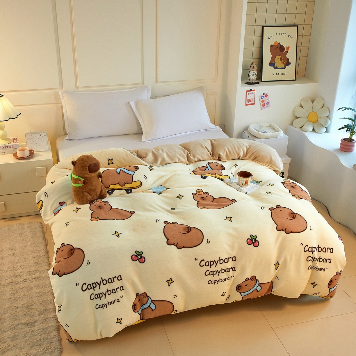 91家纺网 家纺一手货源 找家纺 蘭菲家纺 2025新款卡皮巴拉牛奶绒单被套 被套单件 爱滑板