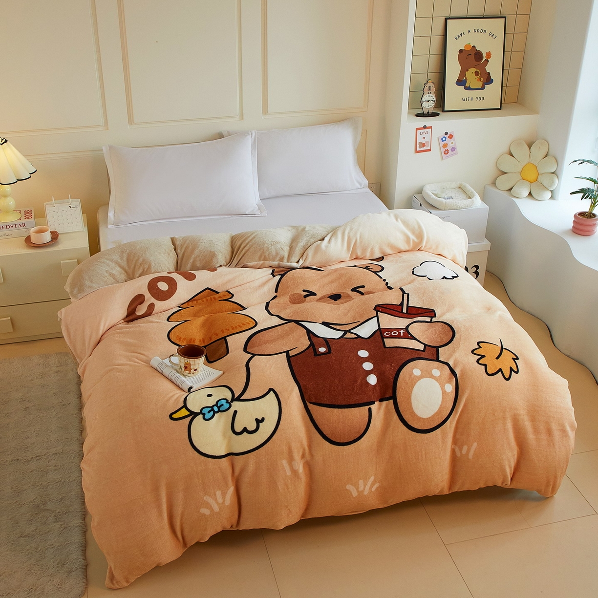 91家纺网 家纺一手货源 找家纺 蘭菲家纺 2025新款卡皮巴拉牛奶绒单被套 被套单件 拉小鸭