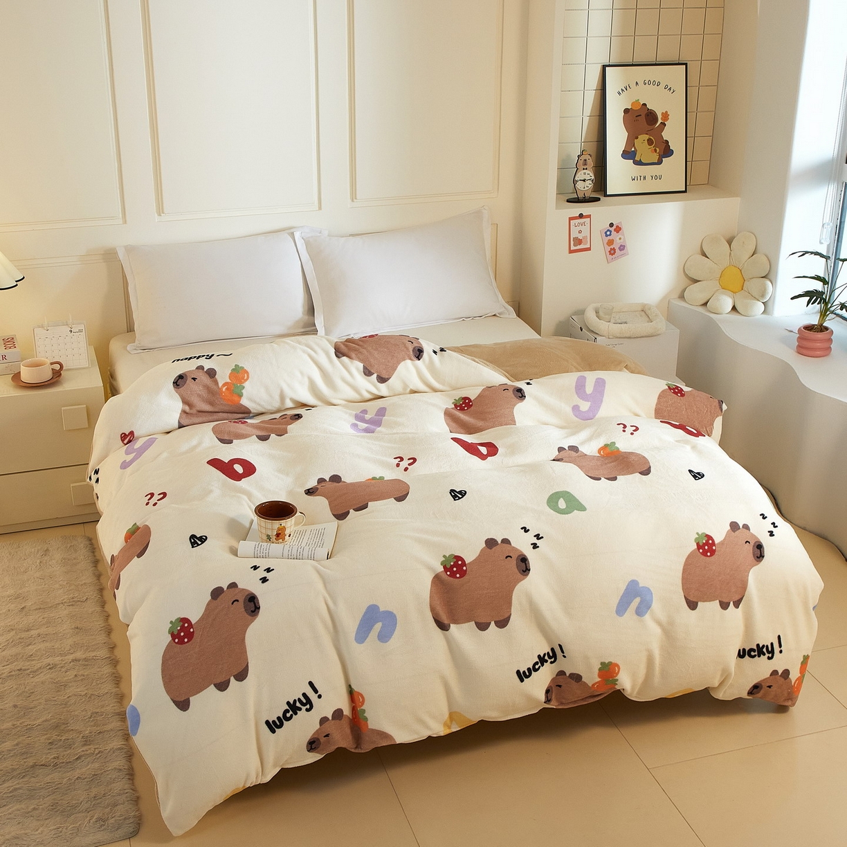 91家纺网 家纺一手货源 找家纺 蘭菲家纺 2025新款卡皮巴拉牛奶绒单被套 被套单件 皮小萌