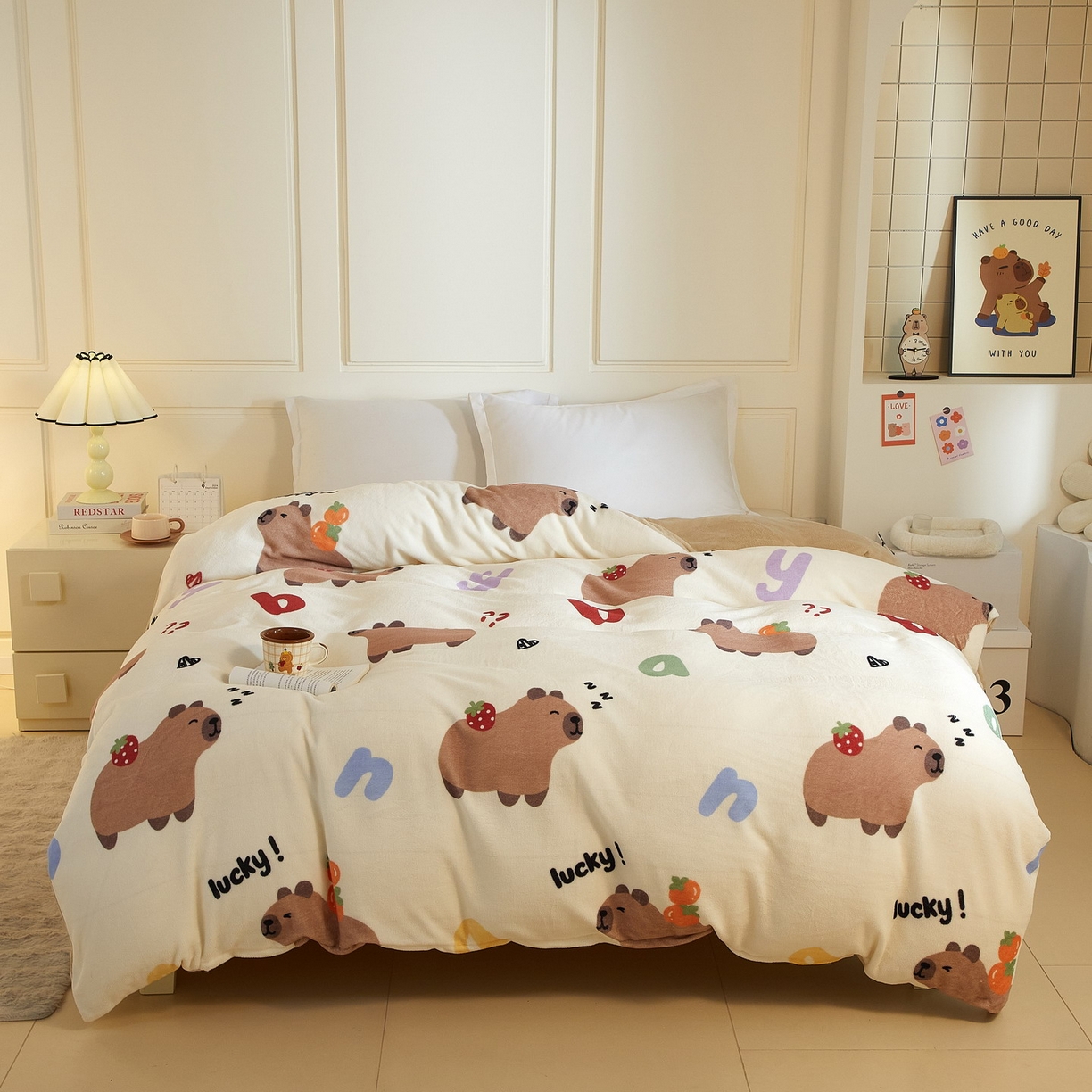 91家纺网 家纺一手货源 找家纺 蘭菲家纺 2025新款卡皮巴拉牛奶绒单被套 被套单件 皮小萌