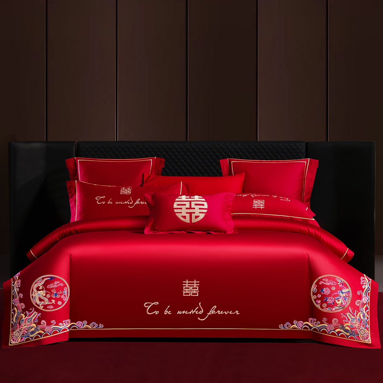 91家纺网 家纺一手货源 找家纺 置顶家纺 2025新款新中式婚庆亲肤刺绣四件套 龙凤呈祥-大红