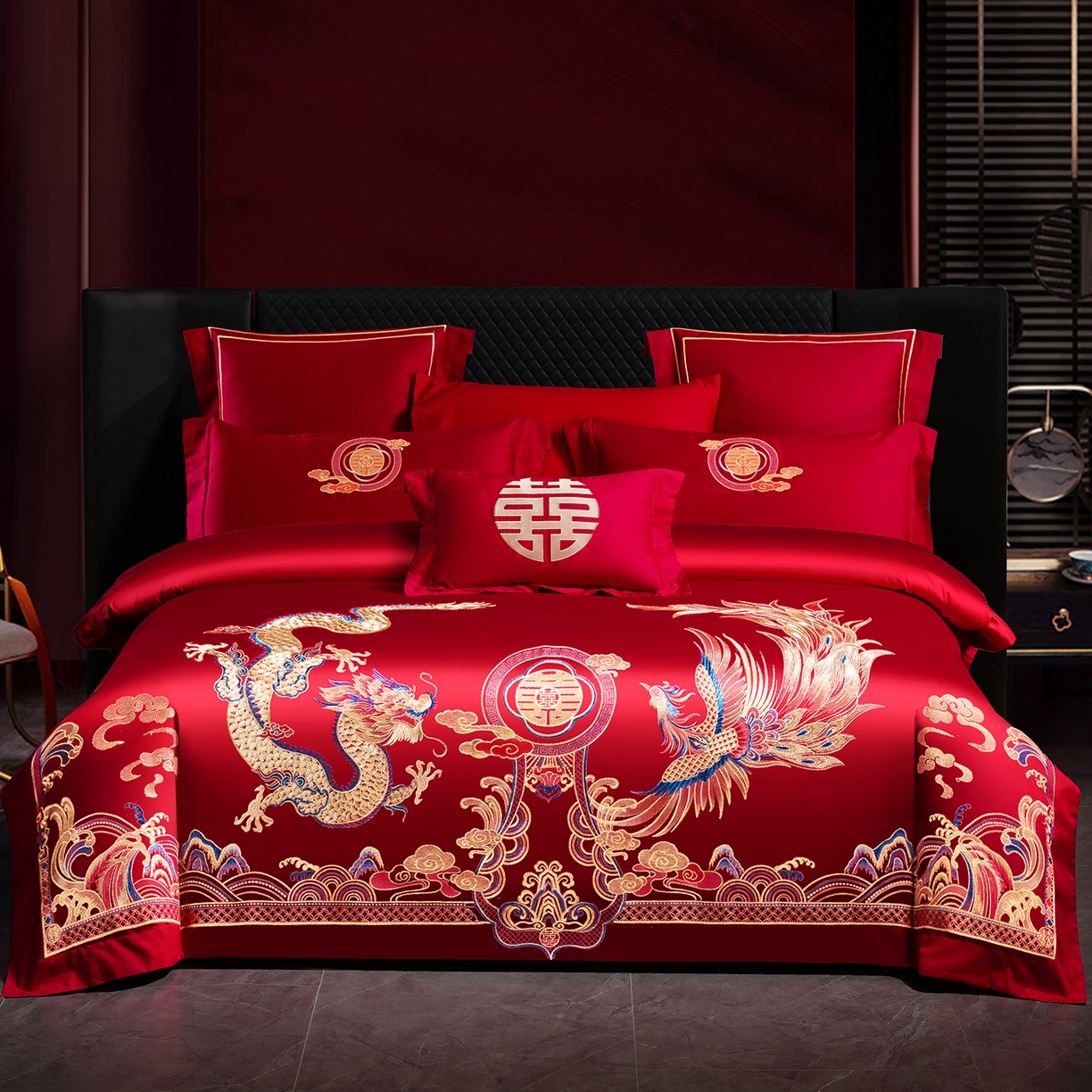 91家纺网 家纺一手货源 找家纺 置顶家纺 2025新款新中式婚庆亲肤刺绣四件套 龙凤大喜-大红