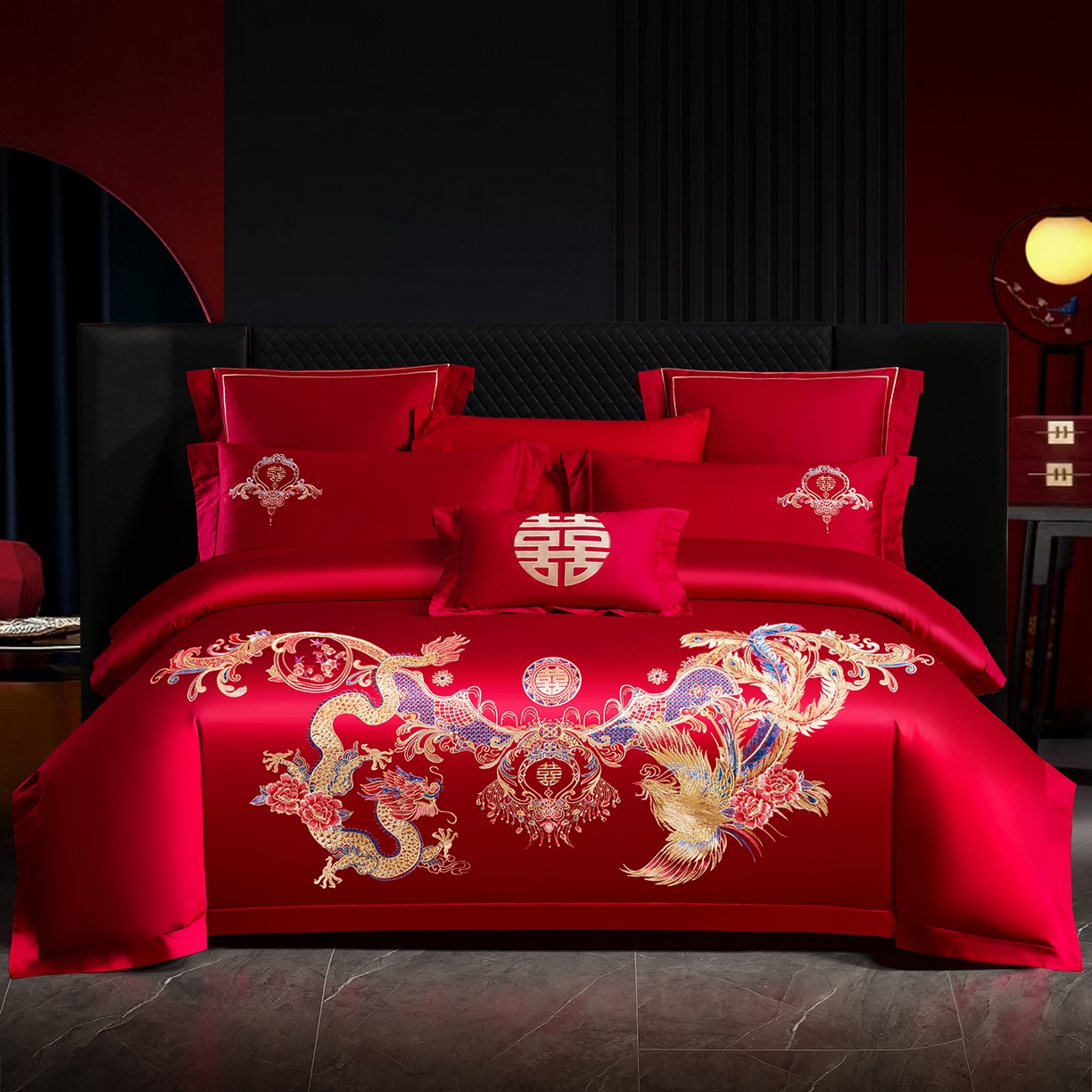 91家纺网 家纺一手货源 找家纺 置顶家纺 2025新款新中式婚庆亲肤刺绣四件套 龙凤喜至-大红