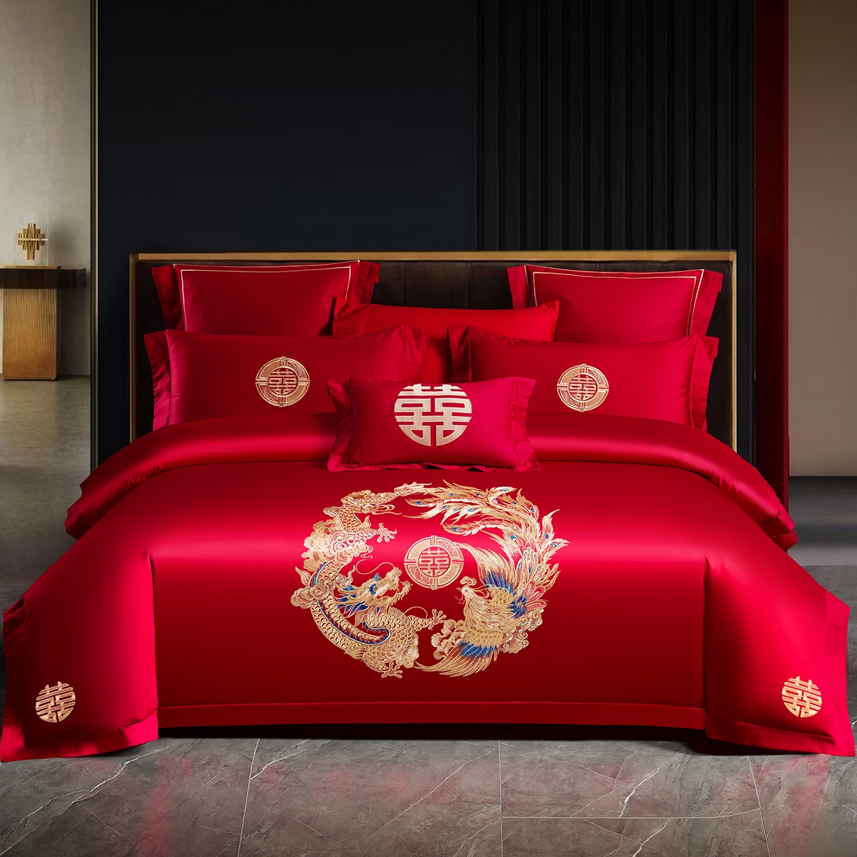 91家纺网 家纺一手货源 找家纺 置顶家纺 2025新款新中式婚庆亲肤刺绣四件套 龙华凤贵-大红