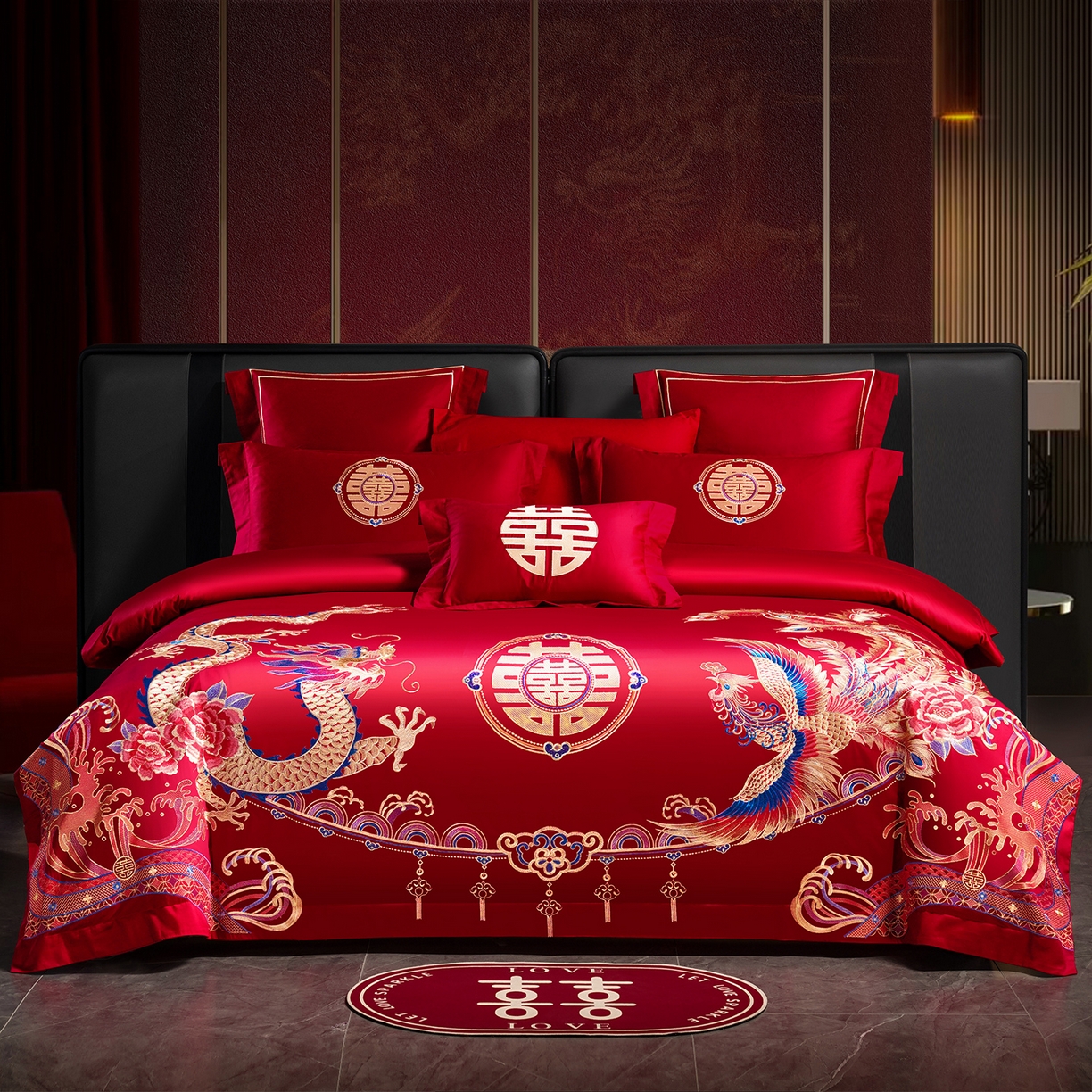 91家纺网 家纺一手货源 找家纺 置顶家纺 2025新款新中式婚庆亲肤刺绣四件套 龙腾凤悦-大红