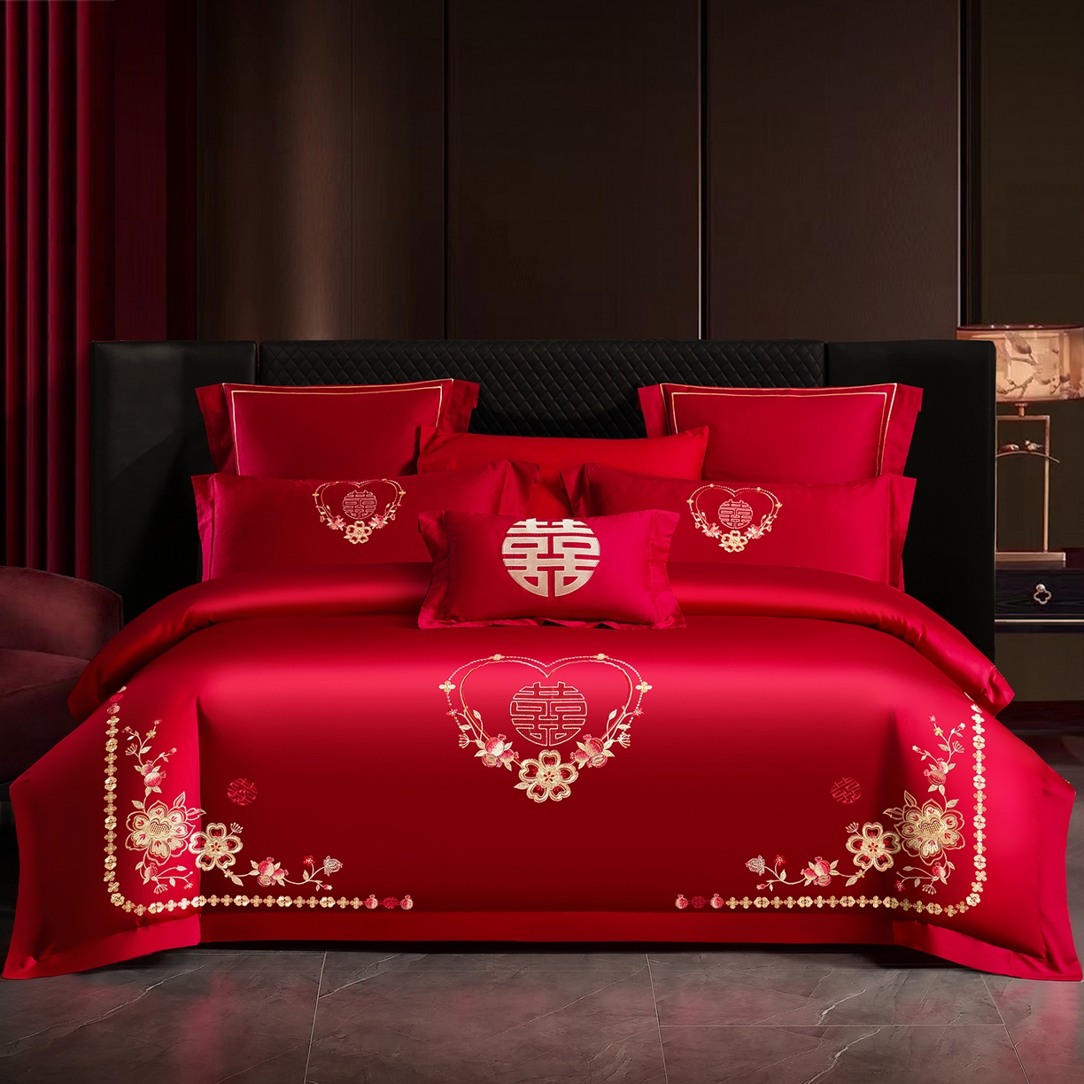 91家纺网 家纺一手货源 找家纺 置顶家纺 2025新款新中式婚庆亲肤刺绣四件套 倾心-大红